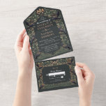 Zauberhafte Gothic Raven Floral Wedding Page All In One Einladung<br><div class="desc">Elegantes und gotisches Hochzeitsdesign mit Raben und Blattwerk. Dieses Design zeichnet sich durch einen kohlegrauen Hintergrund,  dunkelblaue Raben und schlaue grüne Blätter mit goldenen Akzenten der Rose aus. Die Rose Goldfolie auf dieser Einladung ist NICHT reale Folie. Matching Items in unserem Shop für ein komplettes Party Thema.</div>