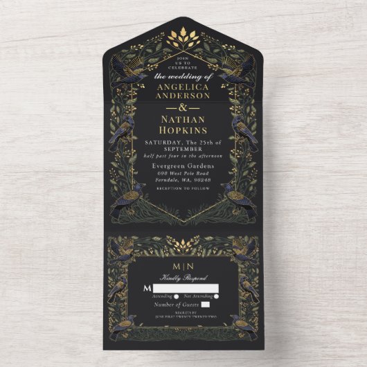 Zauberhafte gotische Raven Dark Green Floral Weddi All In One Einladung (Innen Boden)