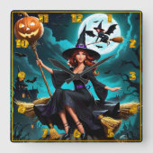 Zauberhafte Hexe feiert Halloween-Nacht Quadratische Wanduhr (Vorderseite)