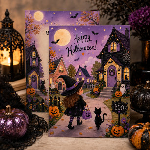 Zauberhafte Hexe & schwarze Katze Halloween-Party  Einladung
