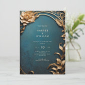 Zauberhafte Hochzeit in Blau und Gold Einladung (Stehend Vorderseite)