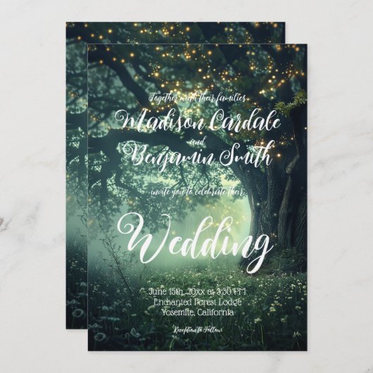 Zauberhafte Hochzeit von Waldeiche-Tree-Lichtern Einladung (Vorne/Hinten)