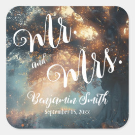 Zauberhafte Hochzeit von Waldeiche-Tree-Lichtern Quadratischer Aufkleber