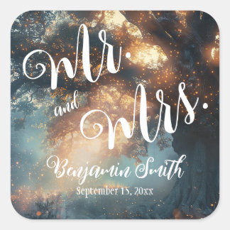 Zauberhafte Hochzeit von Waldeiche-Tree-Lichtern Quadratischer Aufkleber