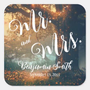 Zauberhafte Hochzeit von Waldeiche-Tree-Lichtern Quadratischer Aufkleber