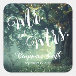 Zauberhafte Hochzeit von Waldeiche-Tree-Lichtern Quadratischer Aufkleber