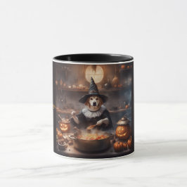 Zauberhafte Hundhexe braut einen Halloween-Eintopf Tasse