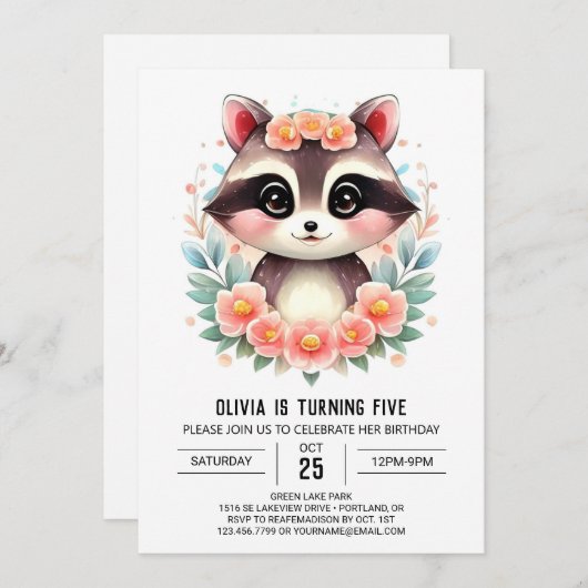 Zauberhafte Kinder-Raccoon-Mädchen Geburtstag Einladung (Vorne/Hinten)