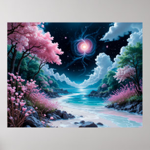 Zauberhafte Landschaft mit Kirschblüten Poster