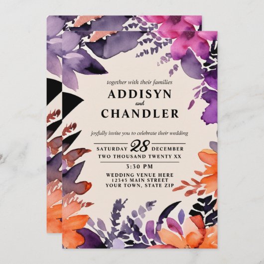 Zauberhafte Lila Hochzeit + Orangefarbenes Hallowe Einladung (Vorne/Hinten)