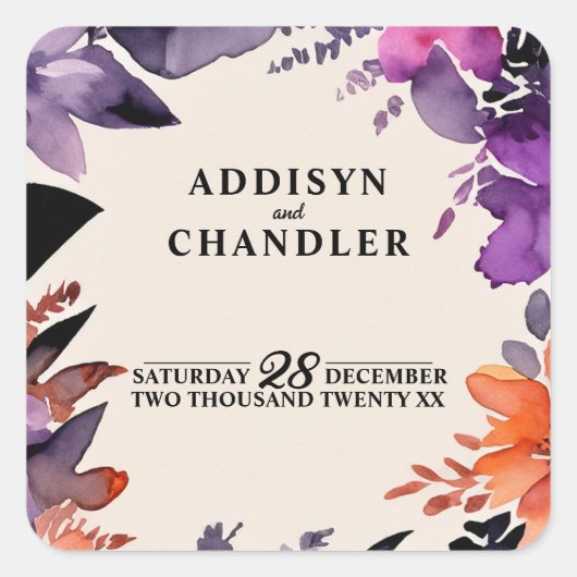 Zauberhafte Lila Hochzeit + Orangefarbenes Hallowe Quadratischer Aufkleber (Vorderseite)