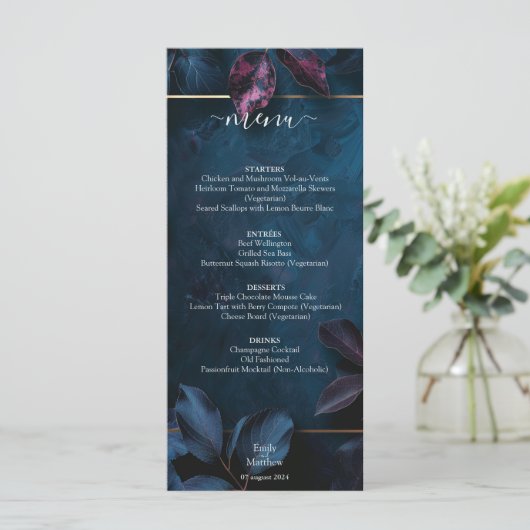 Zauberhafte Midnight Garden Wedding Menükarte (Stehend Vorderseite)