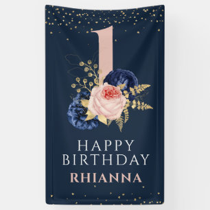 Zauberhafte Navy- und rosa Blumen-Erstgeburtstagsf Banner