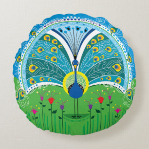Zauberhafte Pfau-Symmetrie Rundes Kissen