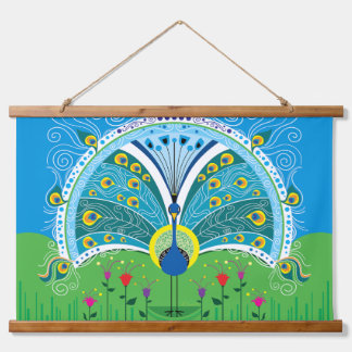 Zauberhafte Pfau-Symmetrie Wandteppich Mit Holzrahmen