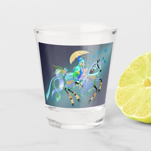 Zauberhafte Pferderückenschau Schnapsglas (Vorderseite)