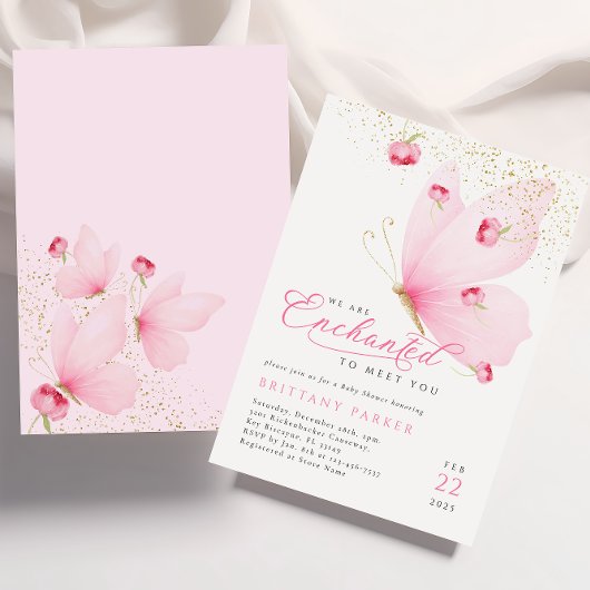 Zauberhafte Pink Butterfly Babydusche Einladung