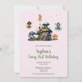 Zauberhafte Pink Fairy First Birthday Mushroom Einladung (Vorderseite)