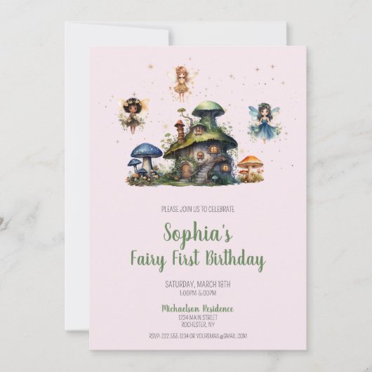 Zauberhafte Pink Fairy First Birthday Mushroom Einladung (Vorderseite)