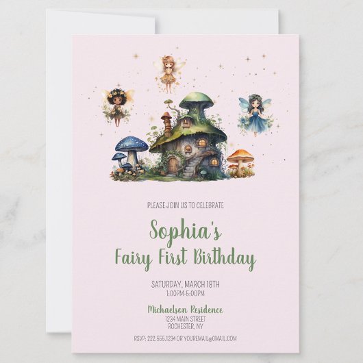 Zauberhafte Pink Fairy First Birthday Mushroom Einladung