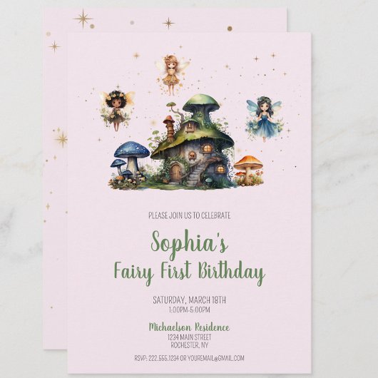 Zauberhafte Pink Fairy First Birthday Mushroom Einladung