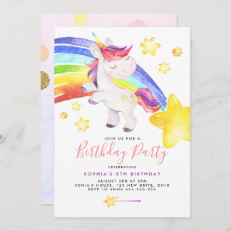 Zauberhafte Rainbow Unicorn Watercolor Geburtstags Einladung
