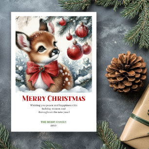 Zauberhafte Reh-Wasserfarben-Weihnachtswaldkarte Feiertagskarte