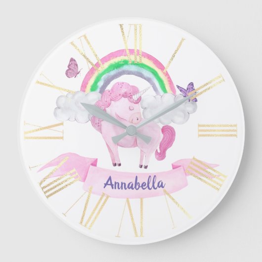 Zauberhafte Rosa Einhorn-Regenbogenschmetterlinge Große Wanduhr (Vorderseite)