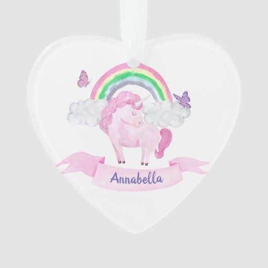 Zauberhafte Rosa Einhorn-Regenbogenschmetterlinge Ornament (Vorderseite)