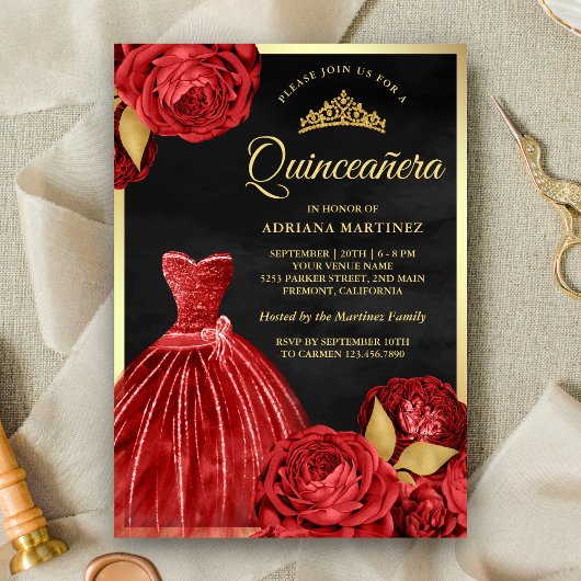 Zauberhafte Rote Rosen Black Gold Quinceanera Einladung