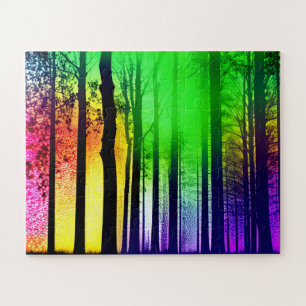 Zauberhafte Schwarmbaum-Silhouetten im Regenbogenw Puzzle