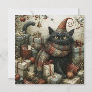 Zauberhafte schwarze Katze mit Hut und Weihnachtsg Karte