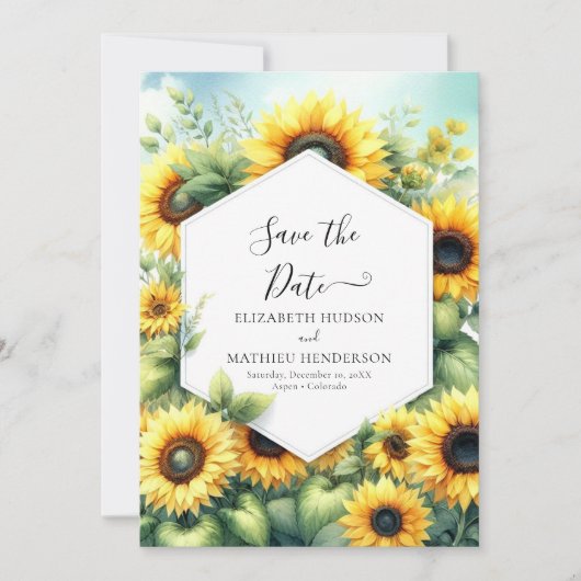 Zauberhafte Sonnenblumenhochzeit Save The Date (Vorderseite)