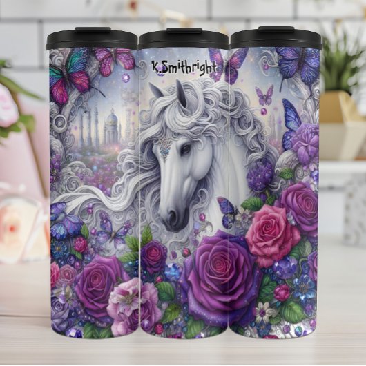 Zauberhafte violette Blumen aus dem Weißen Pferd S Thermosbecher