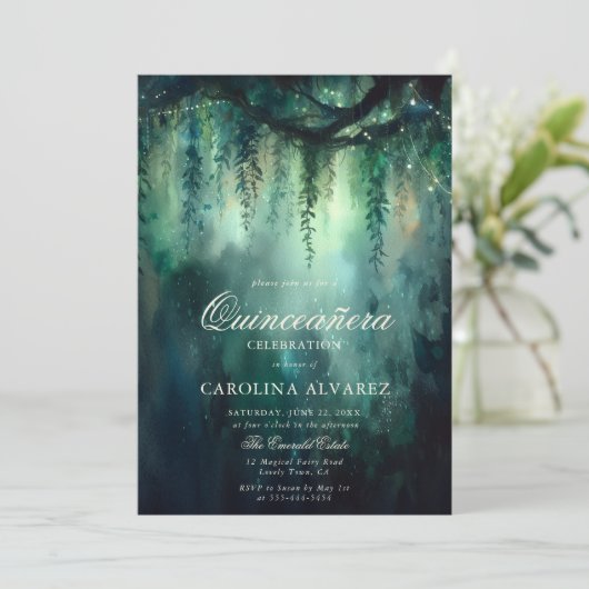 Zauberhafte Waldlichter Magische Qinceanera Einladung (Stehend Vorderseite)