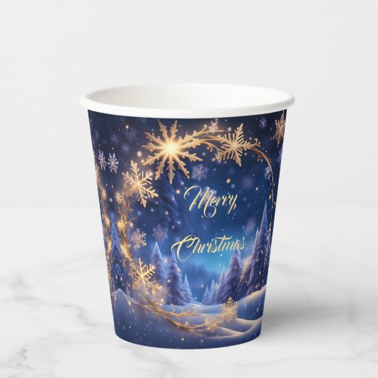 Zauberhafte Weihnachtszeit - goldene Schneeflocken Pappbecher (Vorderseite)
