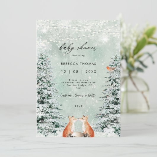 zauberhafte Winterwald Fuchs Babydusche Einladung (Stehend Vorderseite)