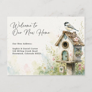 Zauberhafter Aquarell-Vogelhaus-Neuer Wohnsitz Ankündigungspostkarte