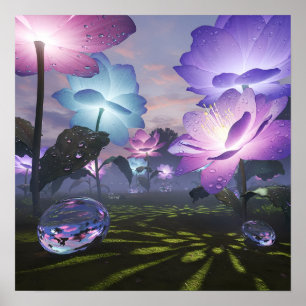 Zauberhafter Garten riesiger leuchtender Blumen Poster