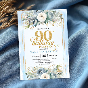 Zauberhafter hellblauer Gold-Look zum 90. Geburtst Einladung