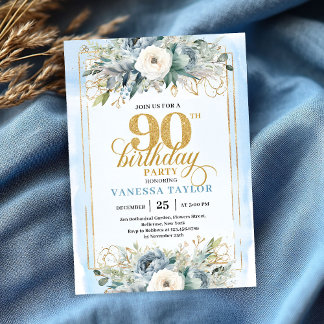 Zauberhafter hellblauer Gold-Look zum 90. Geburtst Einladung