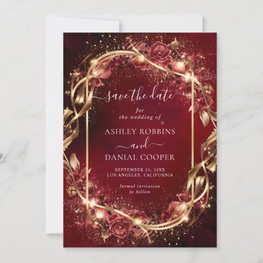 Zauberhafter Roter Goldener Akzent Save the Date Einladung (Vorderseite)