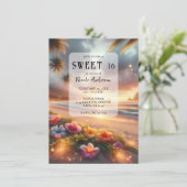 Zauberhafter Tropical Beach Hibiskus Sweet 16 Einladung (Stehend Vorderseite)
