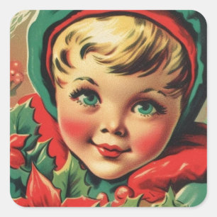 Zauberhafter vintage Weihnachtself Quadratischer Aufkleber
