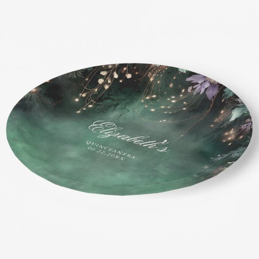 Zauberhafter Wald Grüner Lavendel Quinceanera Pappteller (Schrägansicht)