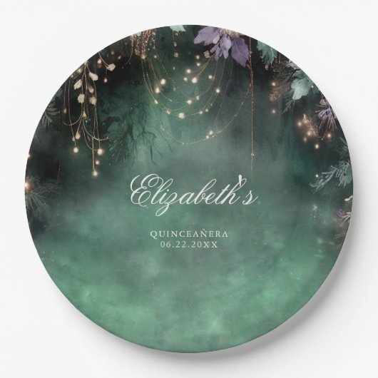 Zauberhafter Wald Grüner Lavendel Quinceanera Pappteller (Vorderseite)