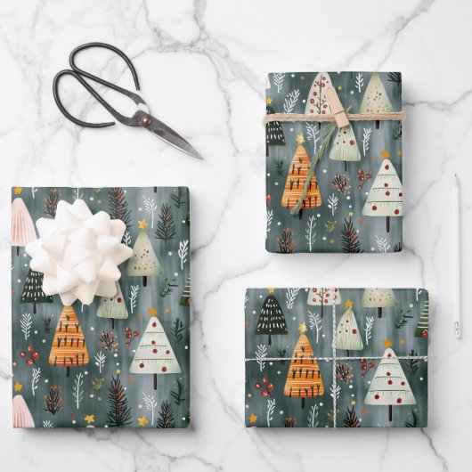 Zauberhafter Weihnachtsbaumwald Geschenkpapier Set (Vorderseite)