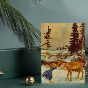 Zauberhafter Winter mit Vintage-Mädchen und Rentie Postkarte