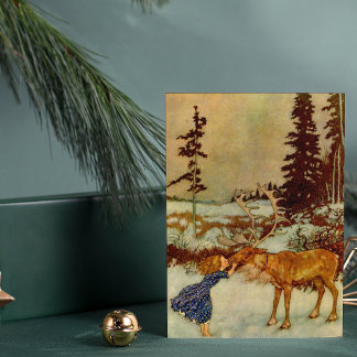 Zauberhafter Winter mit Vintage-Mädchen und Rentie Postkarte