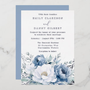 Zauberhaftes blaues und weißes Blumenzelt Folieneinladung